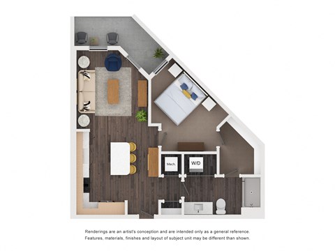 Floor plan for 1 bed, 1 bath, 735 sqft